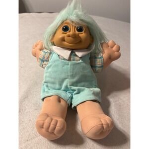Vintage Aqua Hair Troll Doll Blue Overalls Plush Toy Collectible